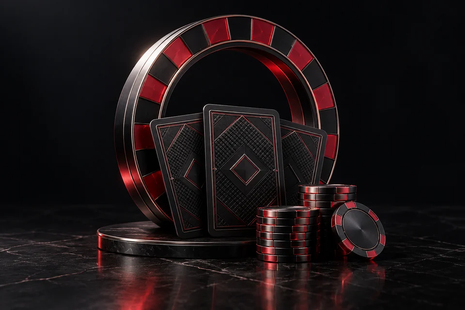 Casinofiches en kaartachterkanten met een donkere roulettevorm